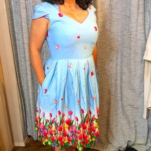Hell Bunny from Modcloth floral dress in blues and pinks.  Like new a-line.